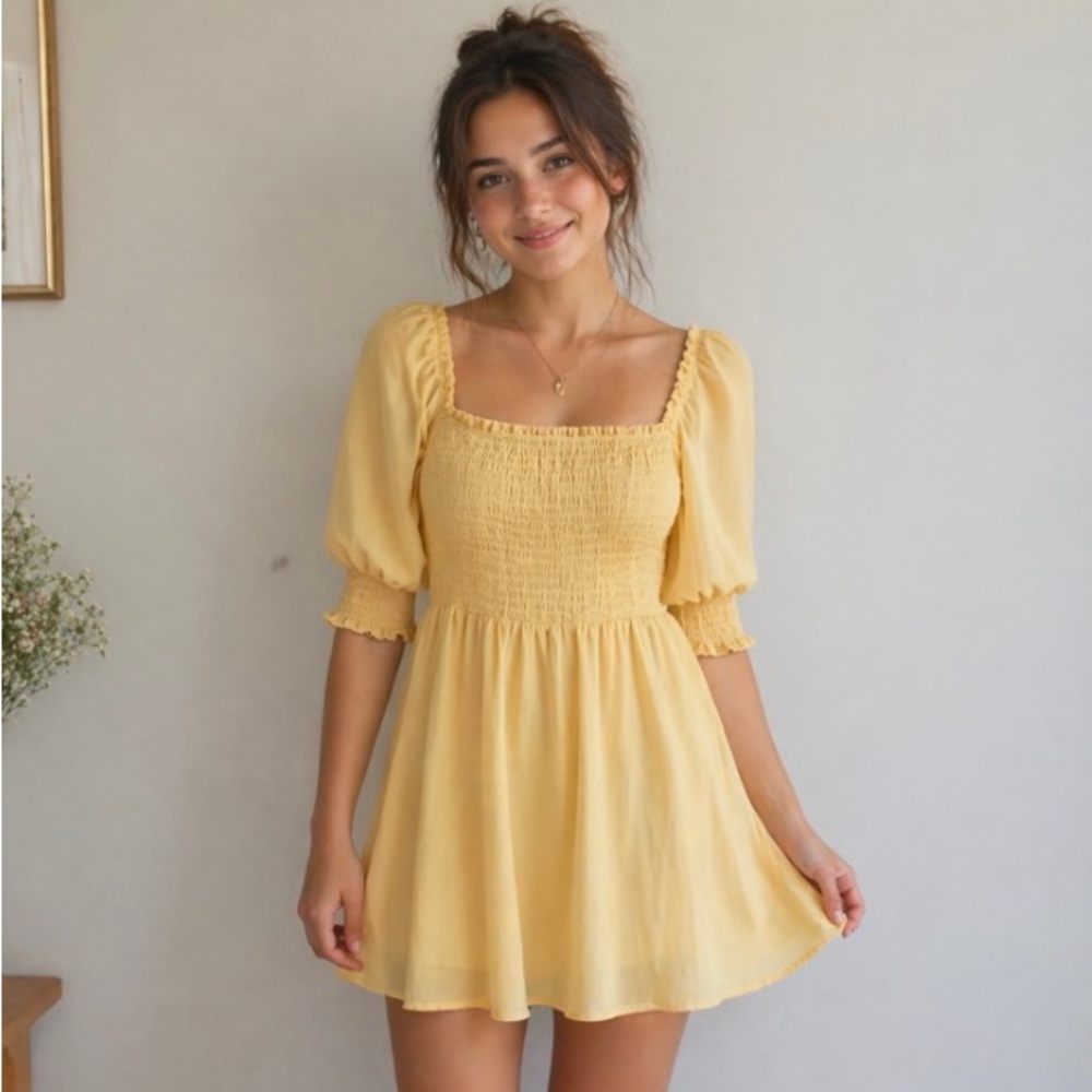 Ultra Flirt Yellow Smocked Puff Sleeve Mini Dress